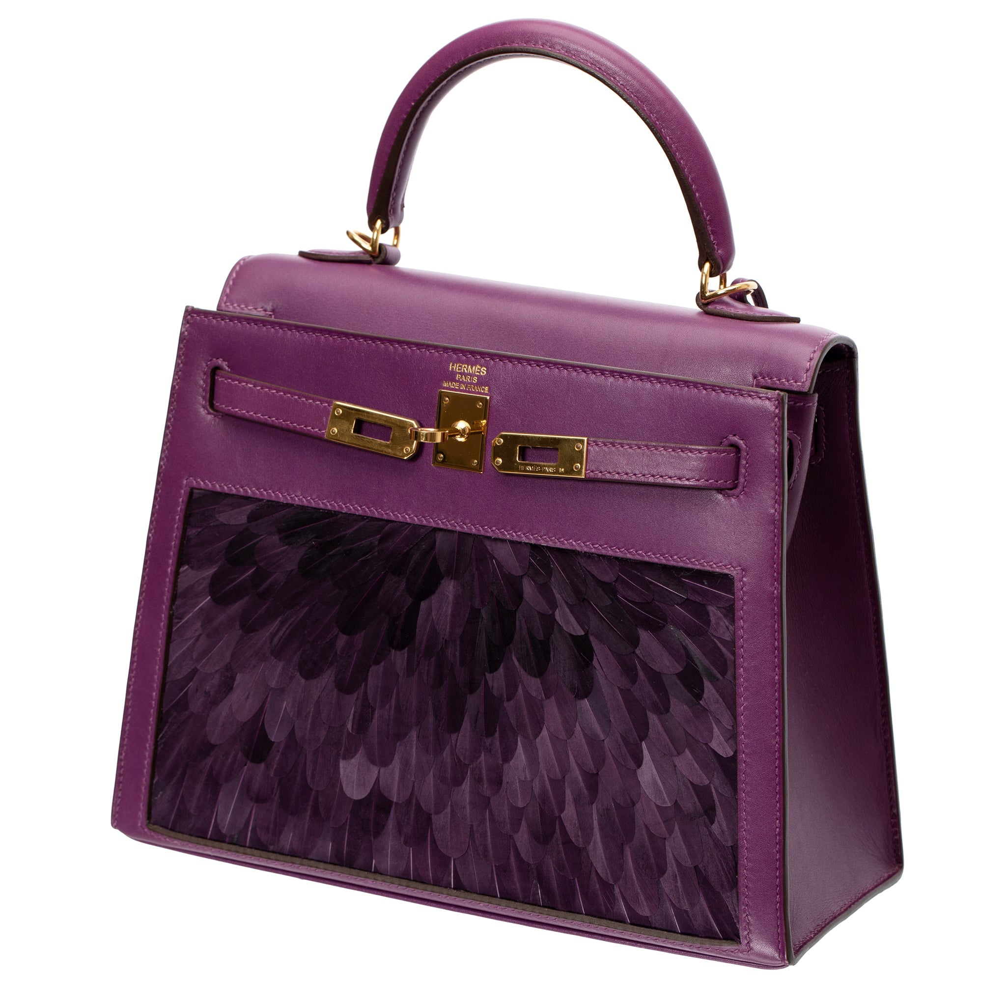 HERMES KELLY 25CM SELLIER VIOLET CUSTOM FEATHER TADELAKT LEATHER GOLD HARDWARE - On Repeat