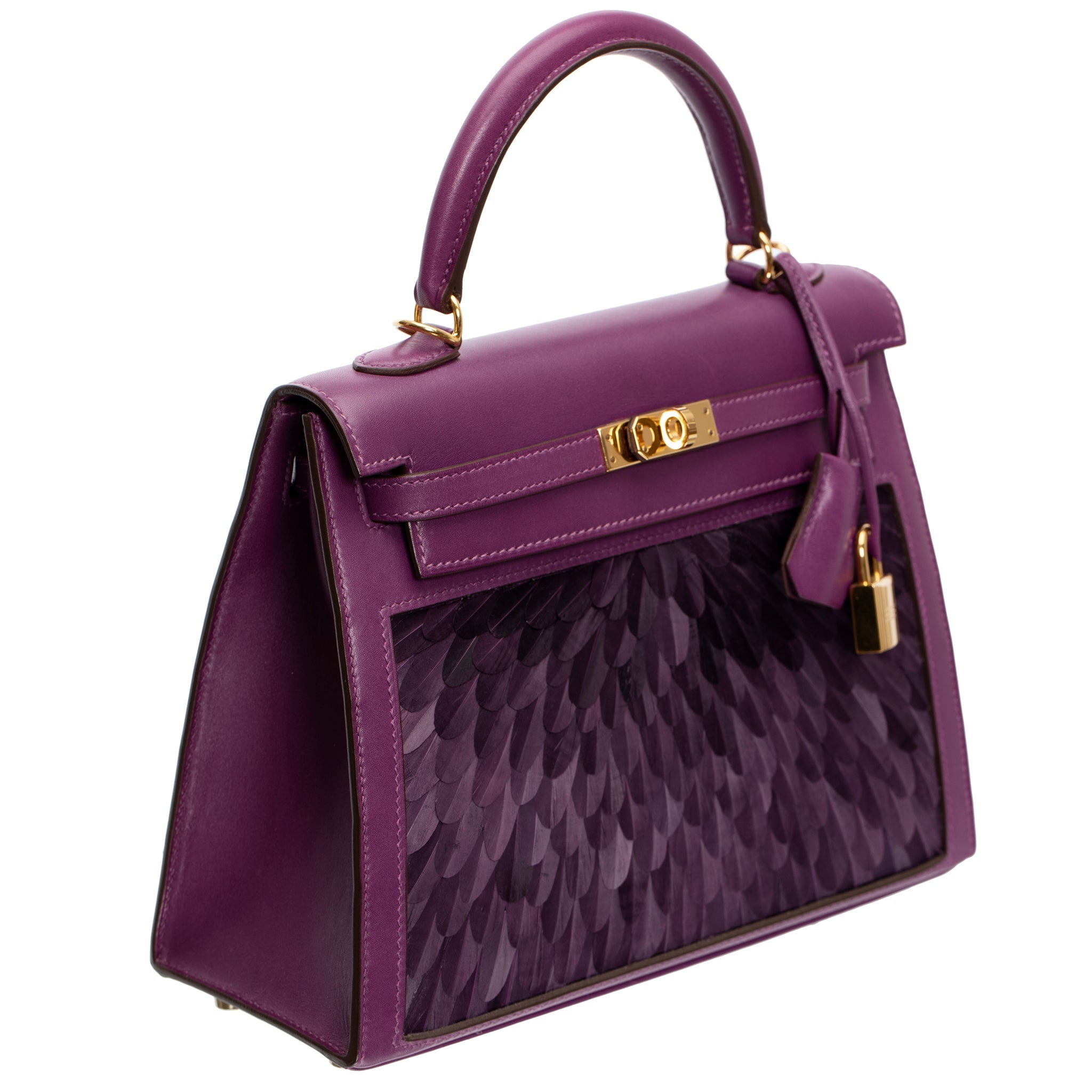 HERMES KELLY 25CM SELLIER VIOLET CUSTOM FEATHER TADELAKT LEATHER GOLD HARDWARE - On Repeat