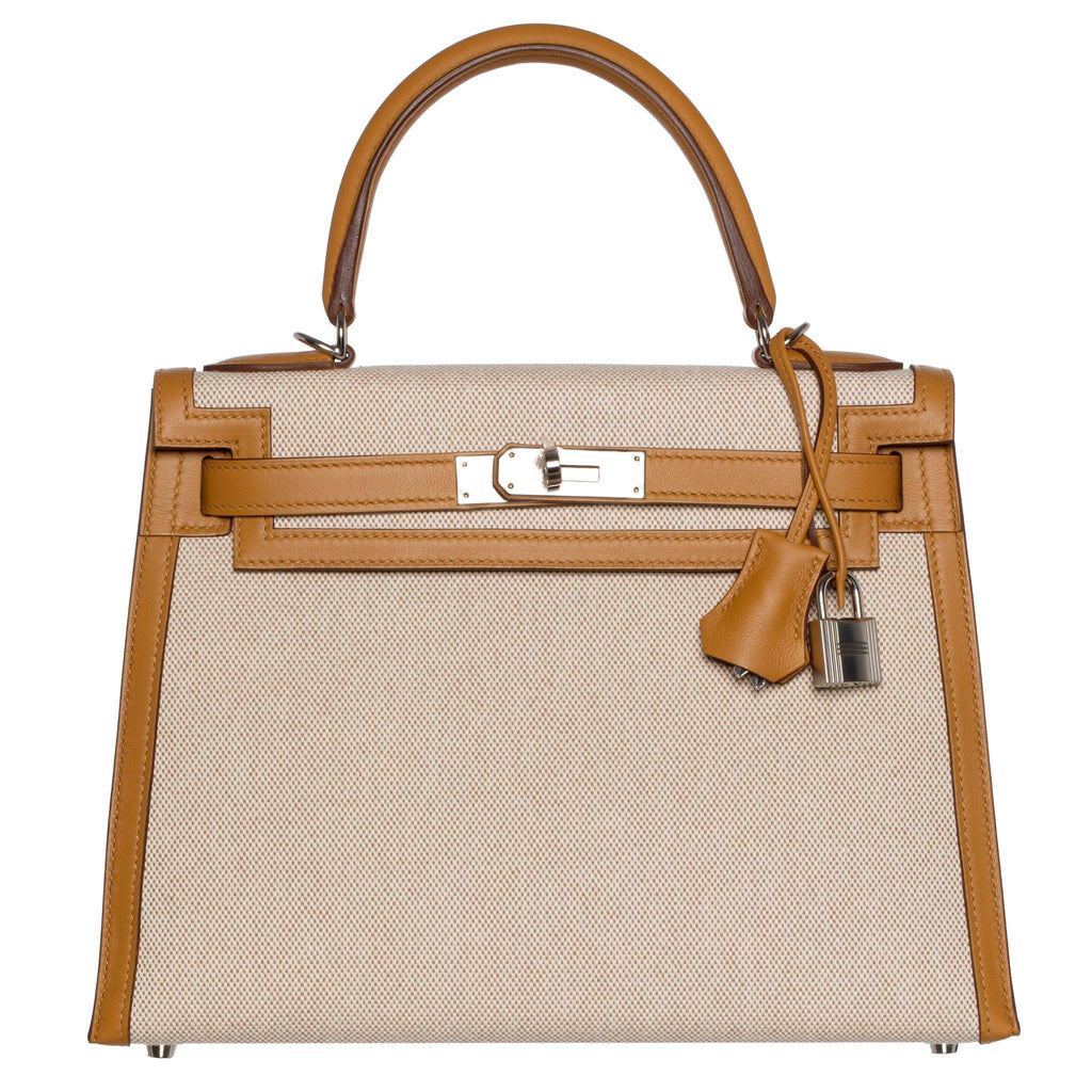 Hermes Kelly 28cm Sesame Swift Leather and Toile Palladium