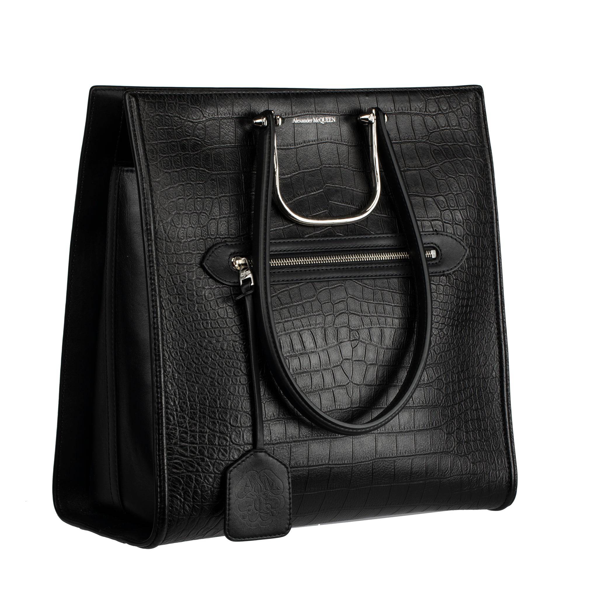 ALEXANDER MCQUEEN THE STORY BLACK EMBOSSED CROCODILE TOTE SILVER TONE HARDWARE - On Repeat