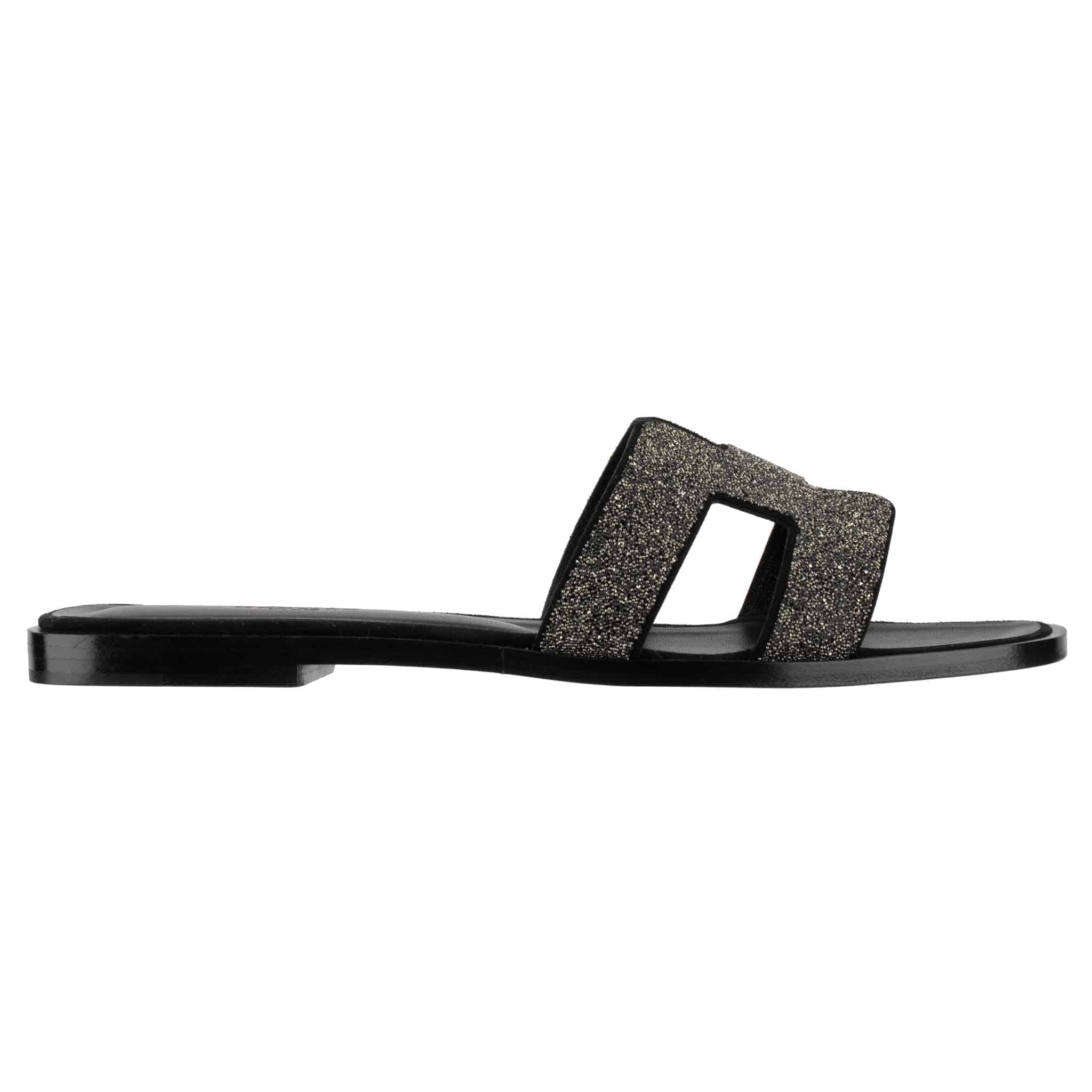 HERMES ORAN SANDAL BLACK SMOOTH LEATHER WITH CRYSTAL DETAILS 38 FR - On Repeat