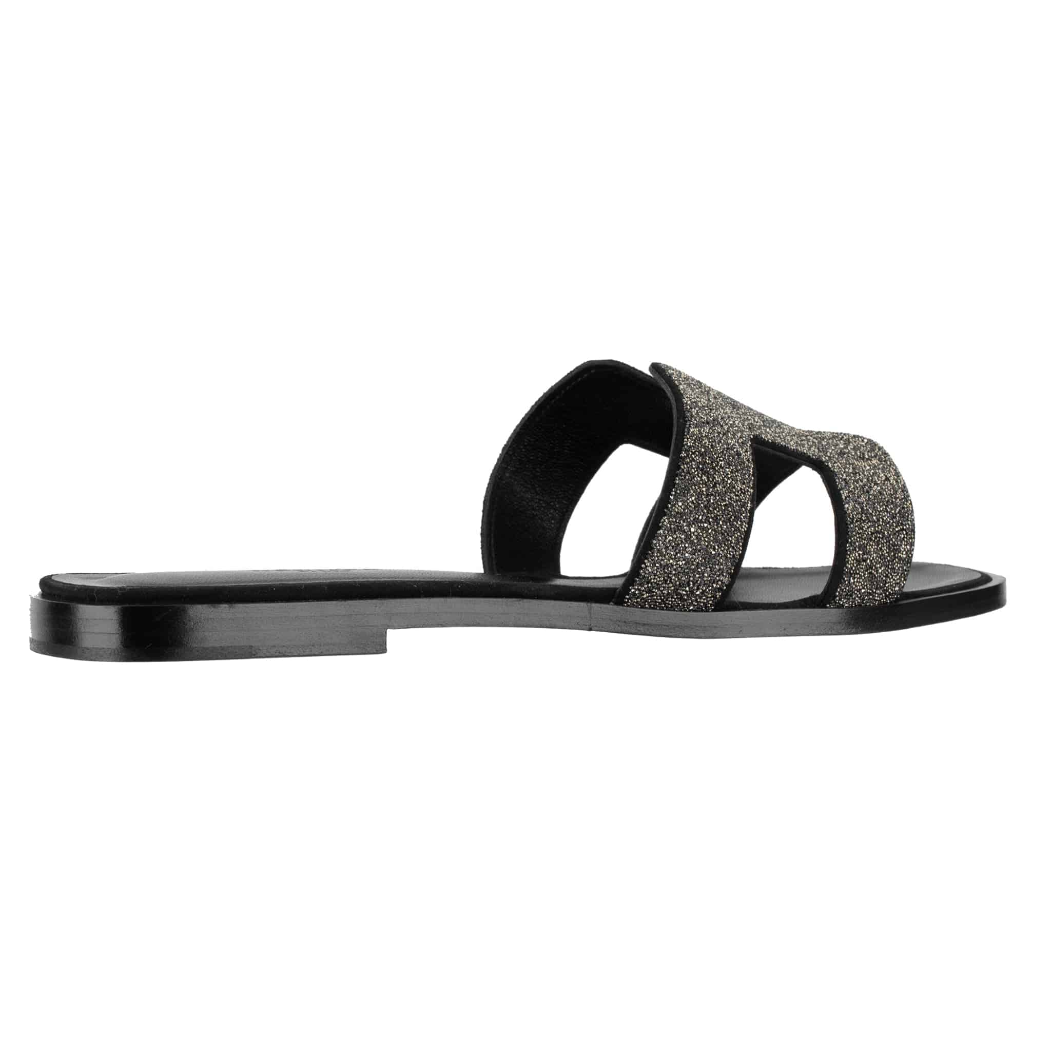 HERMES ORAN SANDAL BLACK SMOOTH LEATHER WITH CRYSTAL DETAILS 38 FR - On Repeat