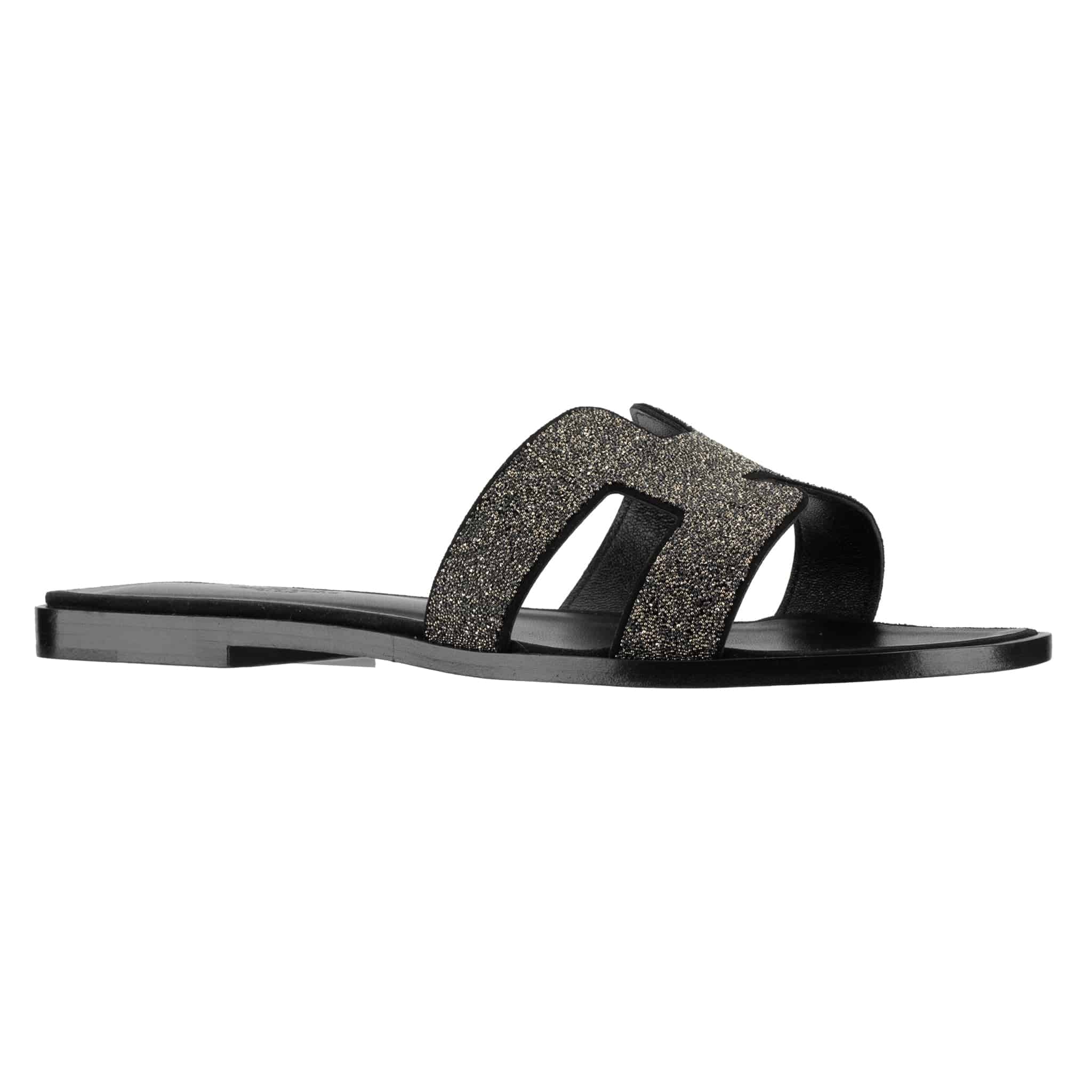 HERMES ORAN SANDAL BLACK SMOOTH LEATHER WITH CRYSTAL DETAILS 38 FR - On Repeat