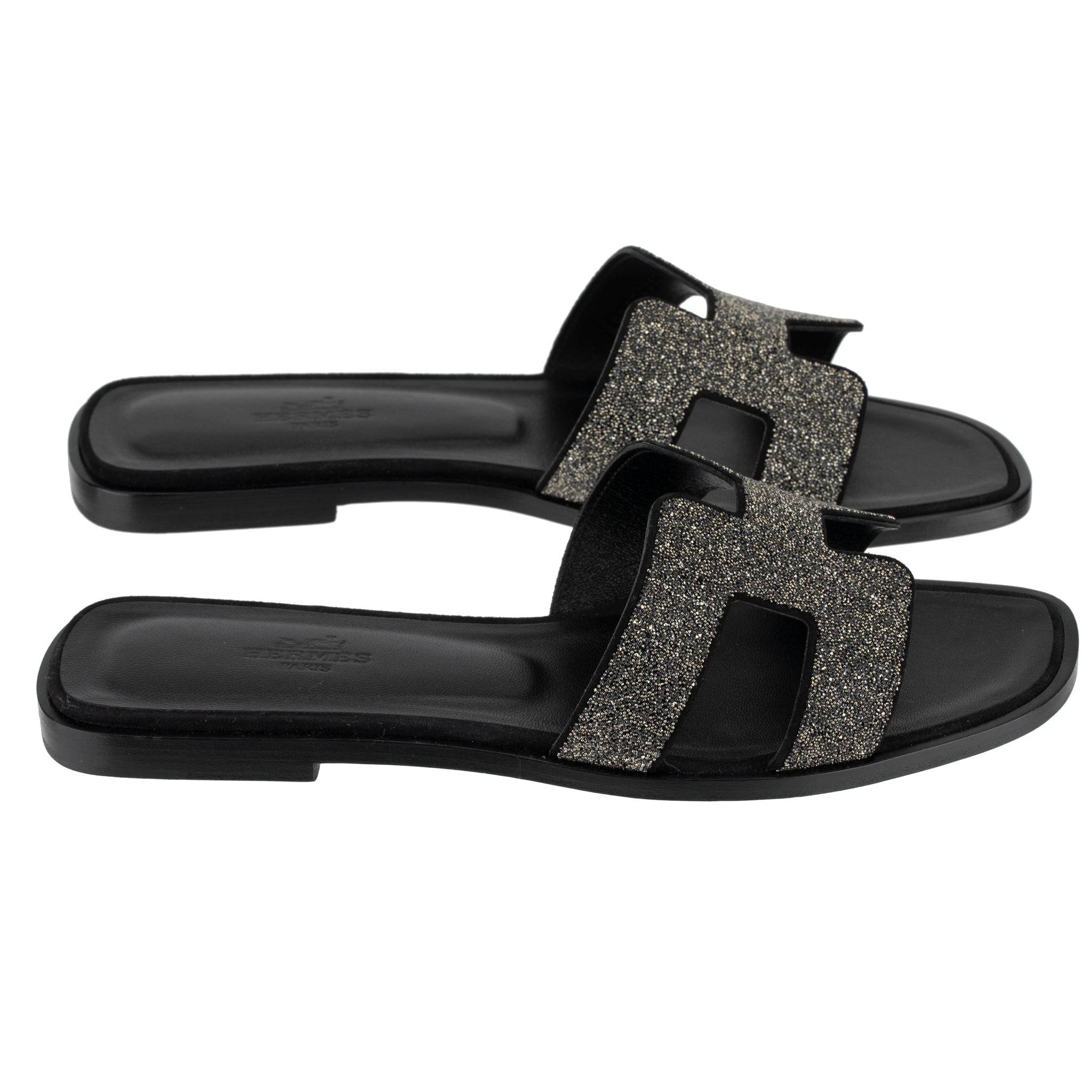 HERMES ORAN SANDAL BLACK SMOOTH LEATHER WITH CRYSTAL DETAILS 38 FR - On Repeat