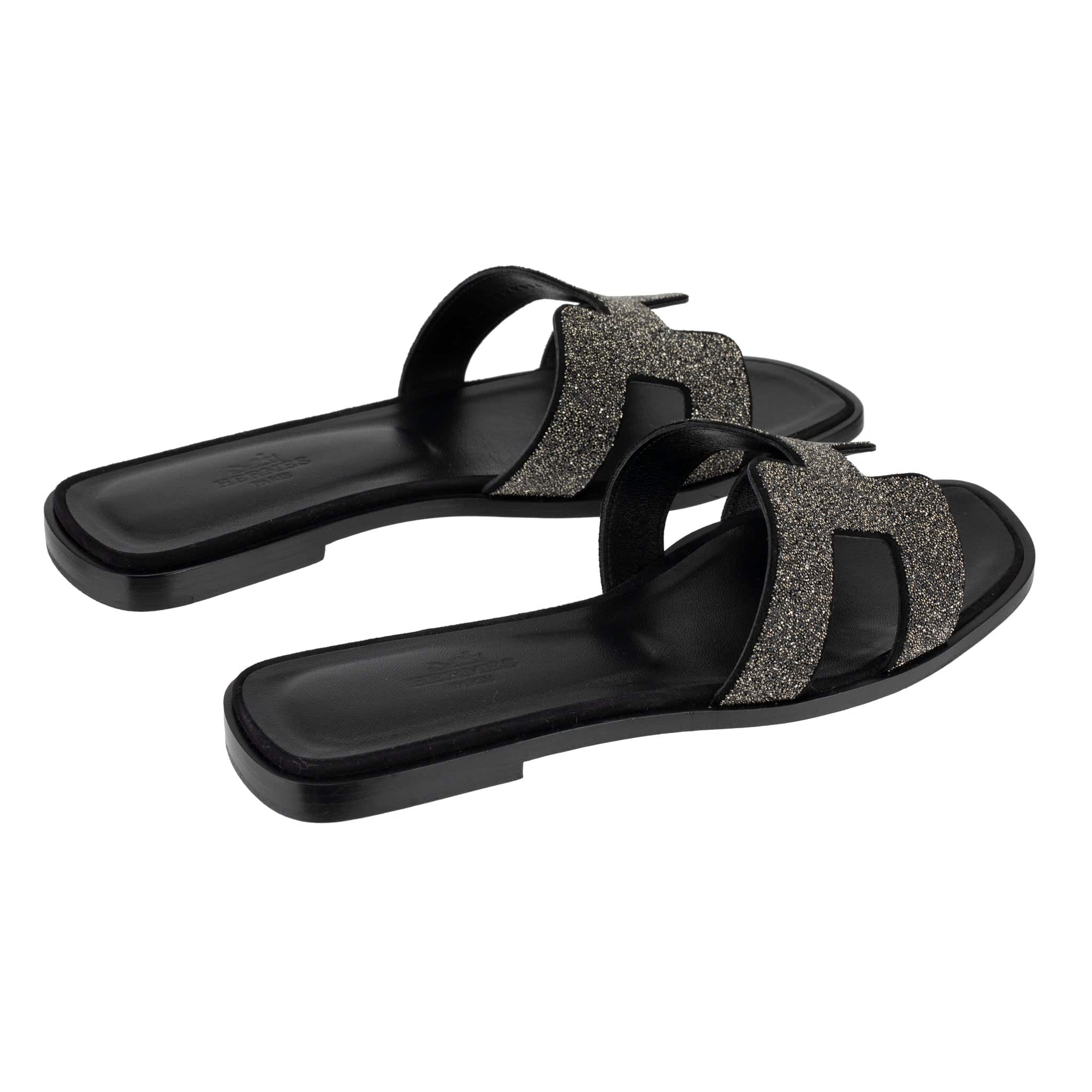 HERMES ORAN SANDAL BLACK SMOOTH LEATHER WITH CRYSTAL DETAILS 38 FR - On Repeat