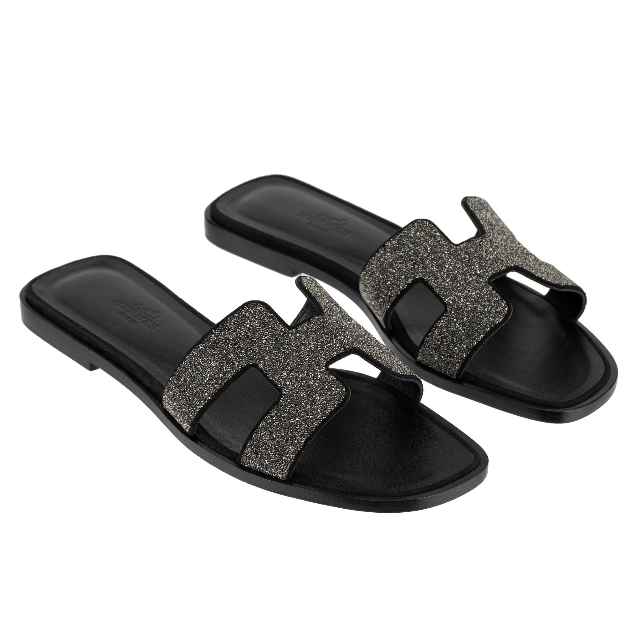 HERMES ORAN SANDAL BLACK SMOOTH LEATHER WITH CRYSTAL DETAILS 38 FR - On Repeat