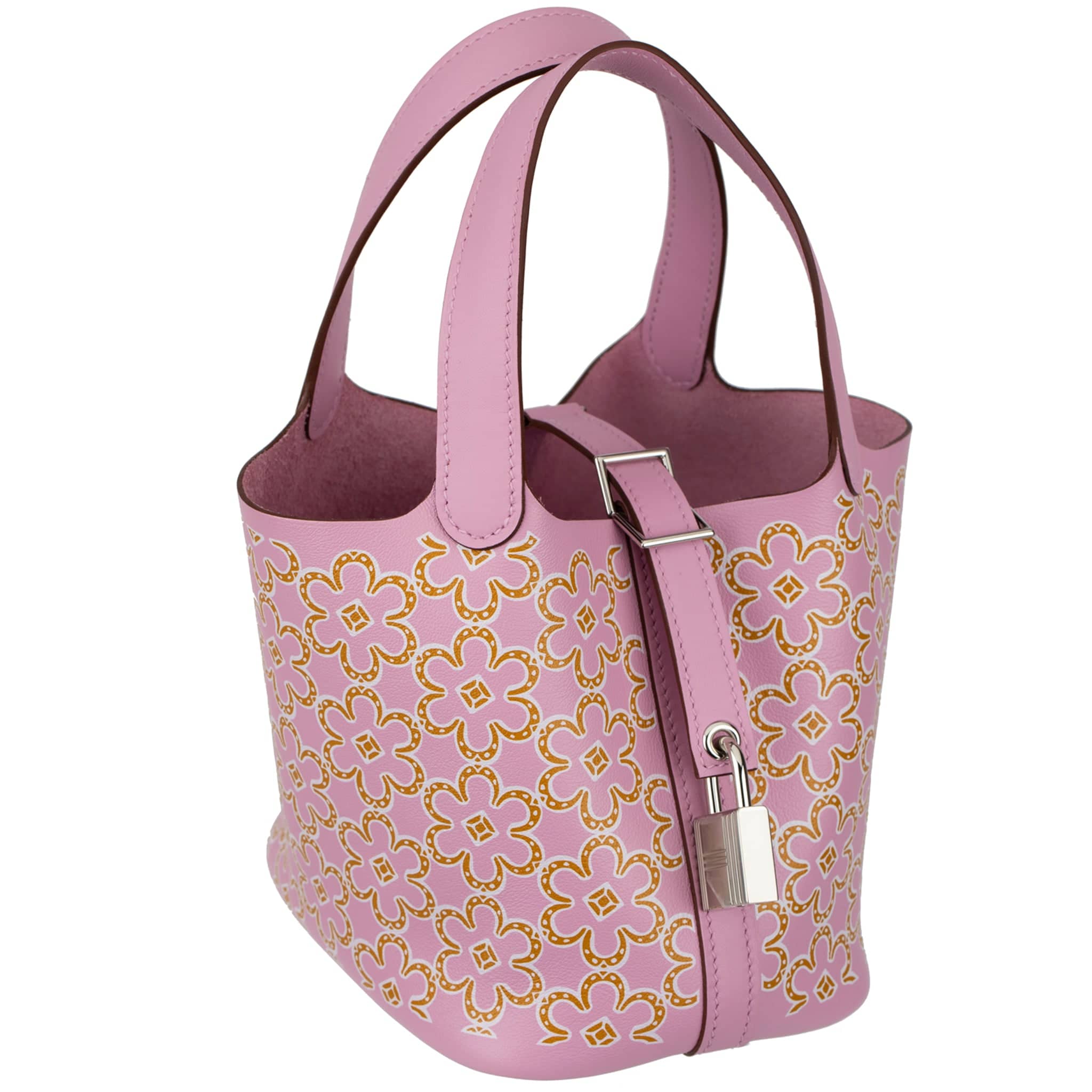 HERMES PICOTIN 14CM LUCKY DAISY MAUVE SYLVESTRE, CUIVRE & BLANC SWIFT LEATHER PALLADIUM HARDWARE - On Repeat