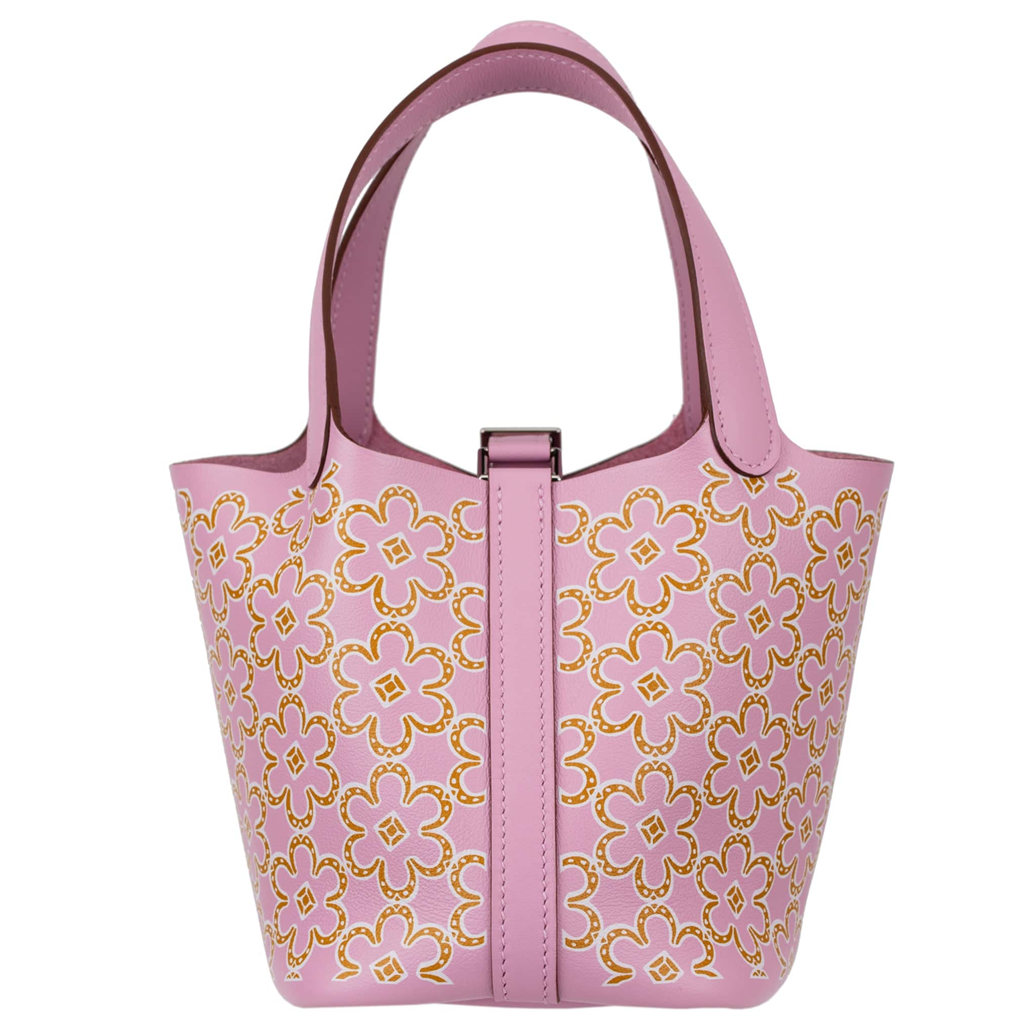 HERMES PICOTIN 14CM LUCKY DAISY MAUVE SYLVESTRE, CUIVRE & BLANC SWIFT LEATHER PALLADIUM HARDWARE - On Repeat