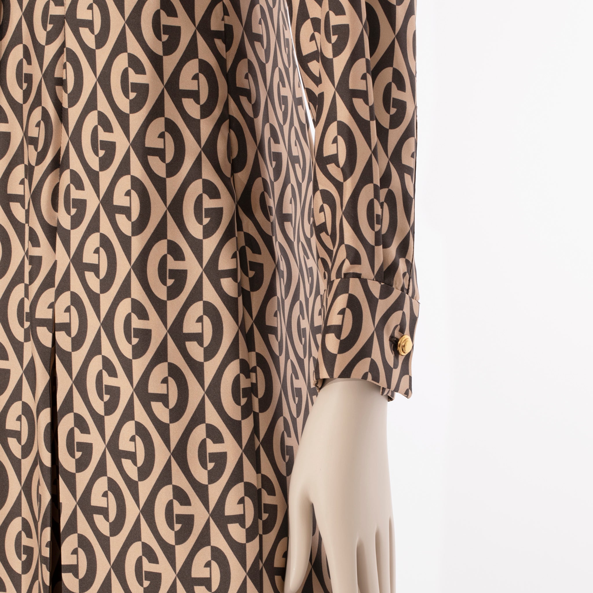 Gucci G Rhombus Brown & Ivory Print Dress Silk 40 IT