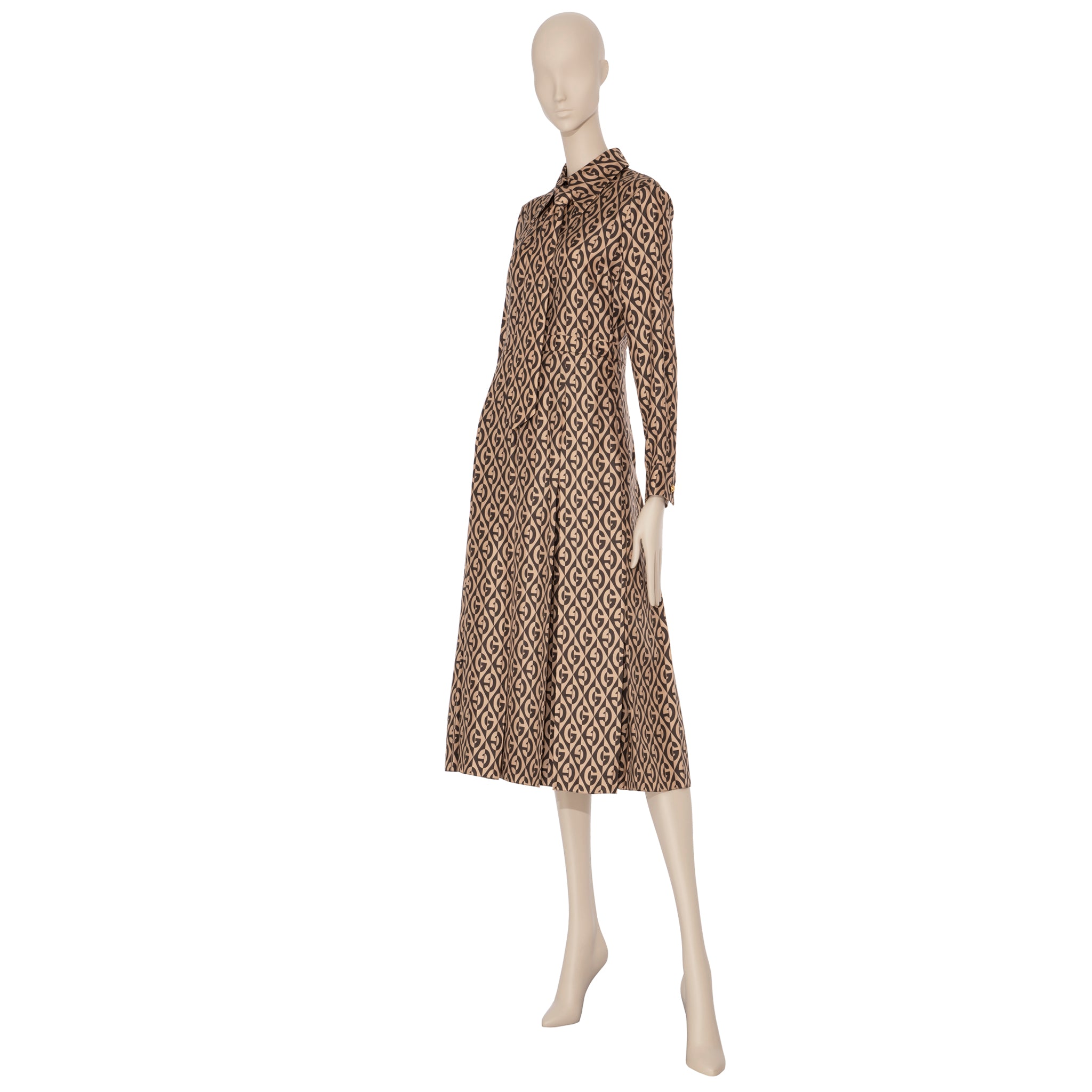 Gucci G Rhombus Brown & Ivory Print Dress Silk 40 IT
