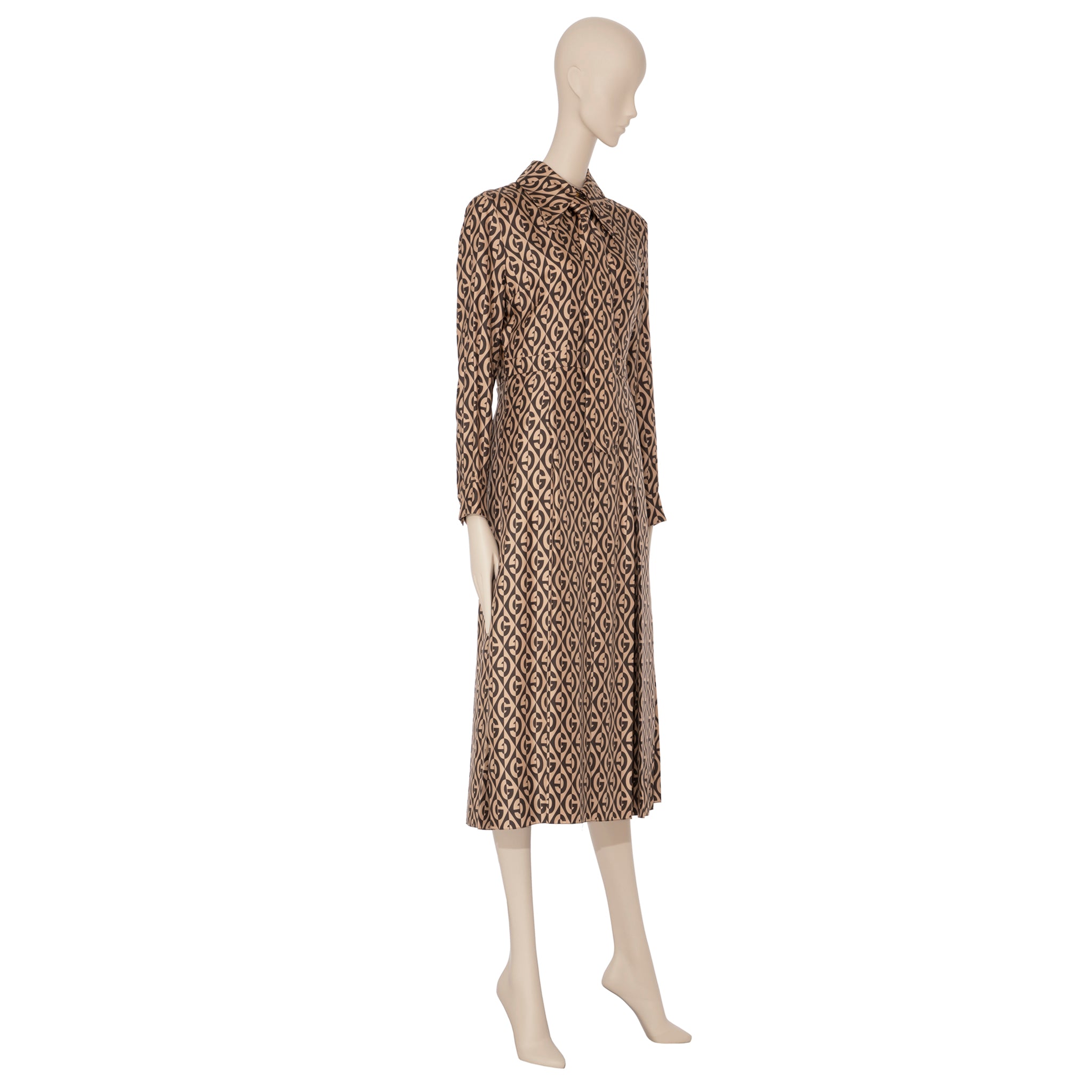 Gucci G Rhombus Brown & Ivory Print Dress Silk 40 IT