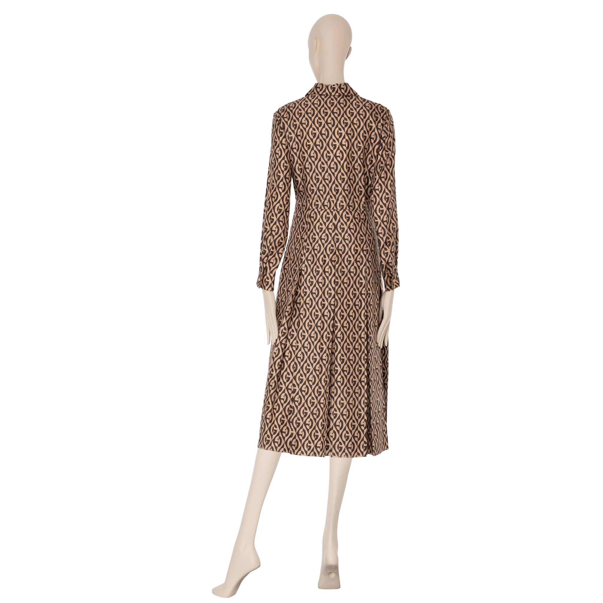 Gucci G Rhombus Brown & Ivory Print Dress Silk 40 IT