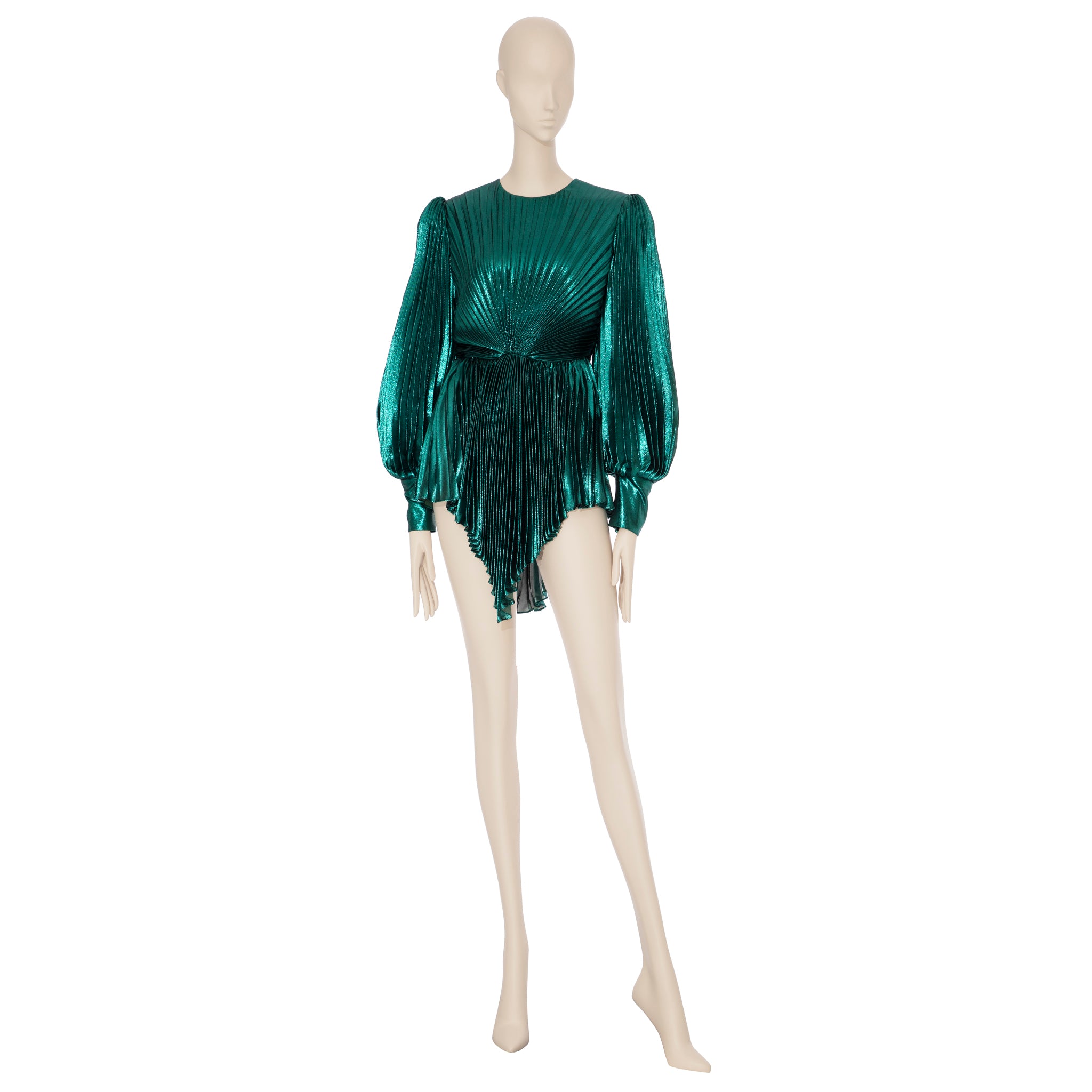 Gucci Iridescent Emerald Green Pleated Silk Blend Mini Dress 38 IT