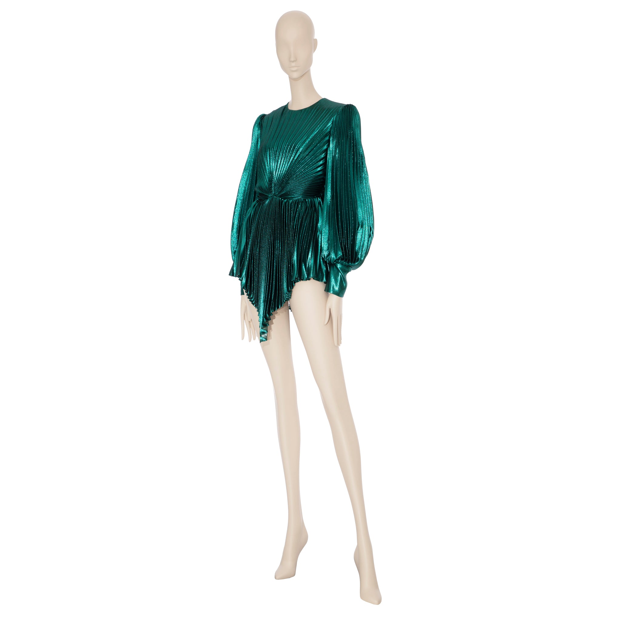 Gucci Iridescent Emerald Green Pleated Silk Blend Mini Dress 38 IT