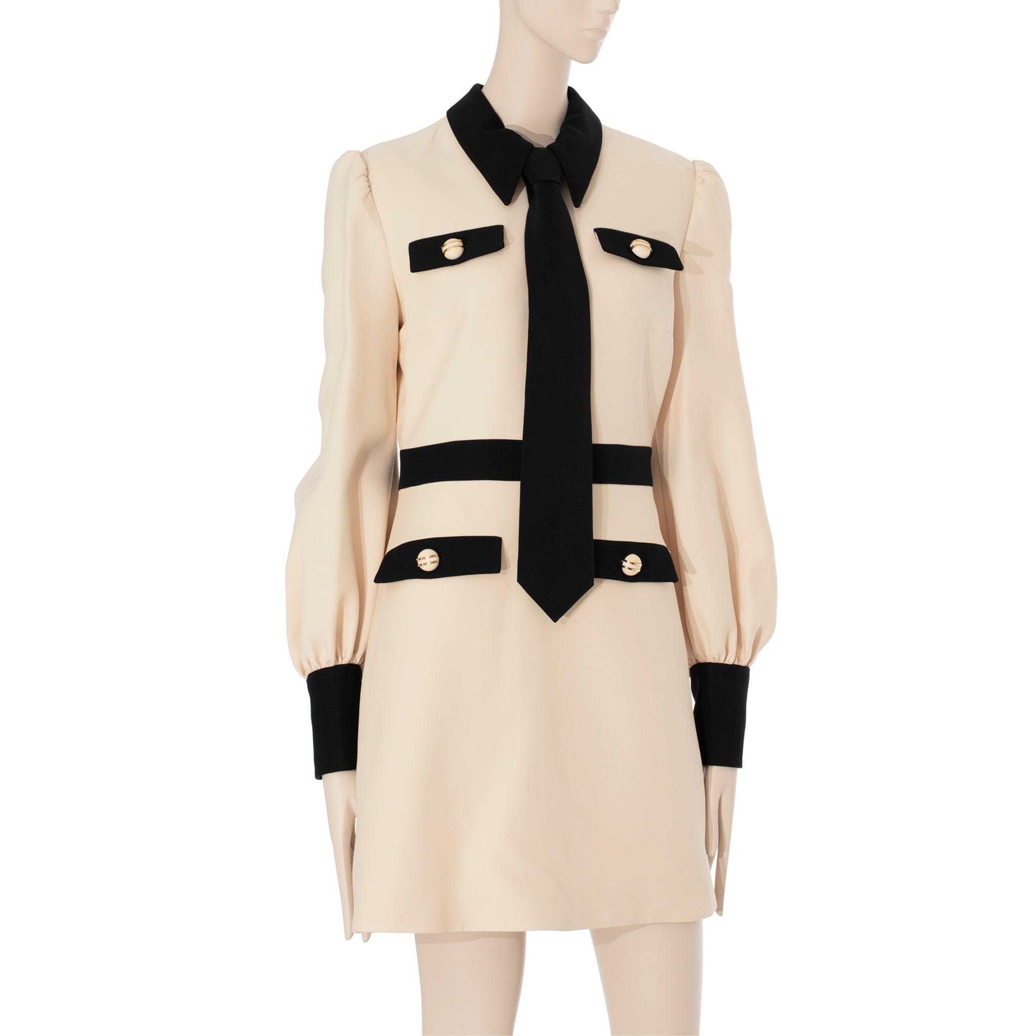 Gucci Long Sleeve Dress With Tie Ivory & Black Wool & Silk 40 IT
