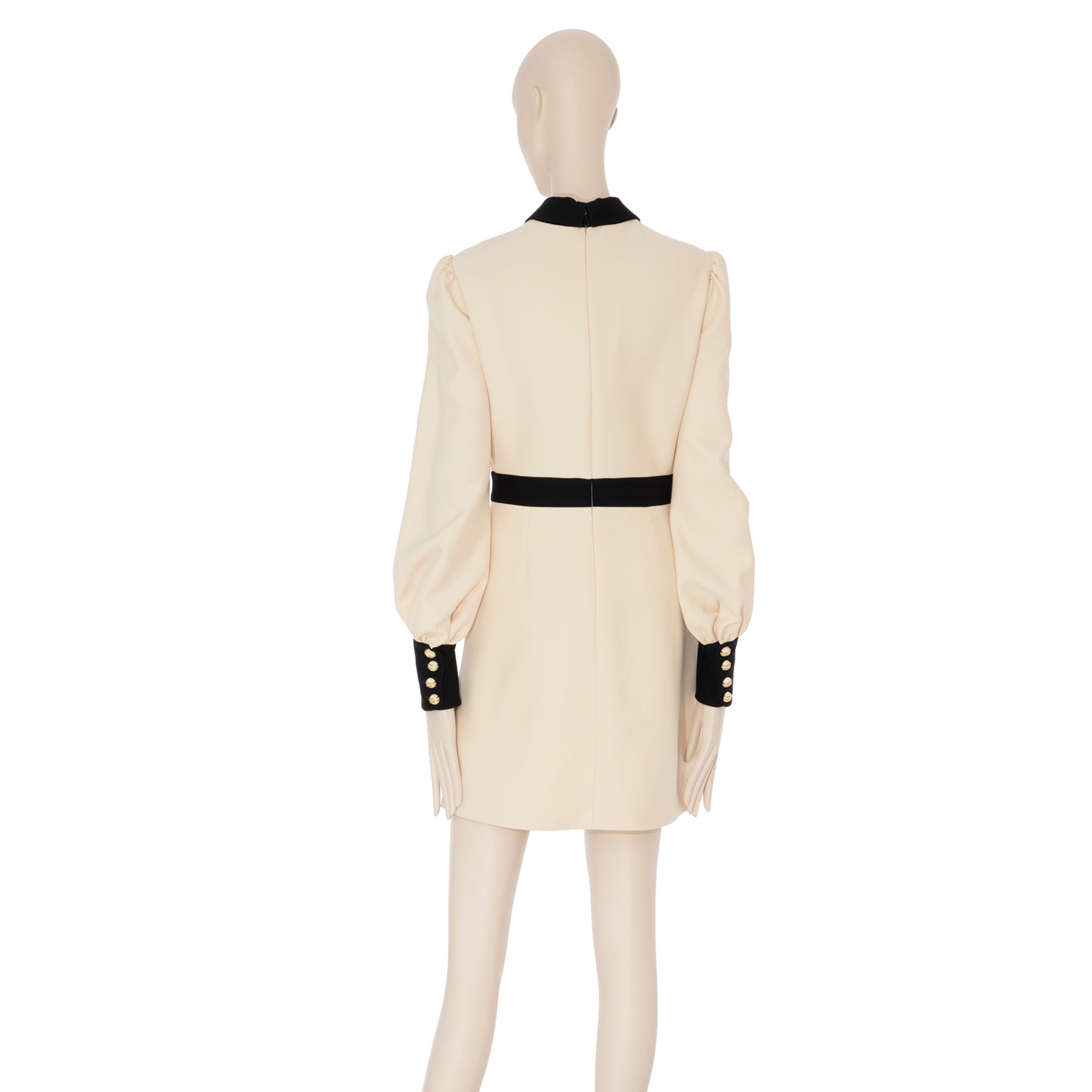 Gucci Long Sleeve Dress With Tie Ivory & Black Wool & Silk 40 IT