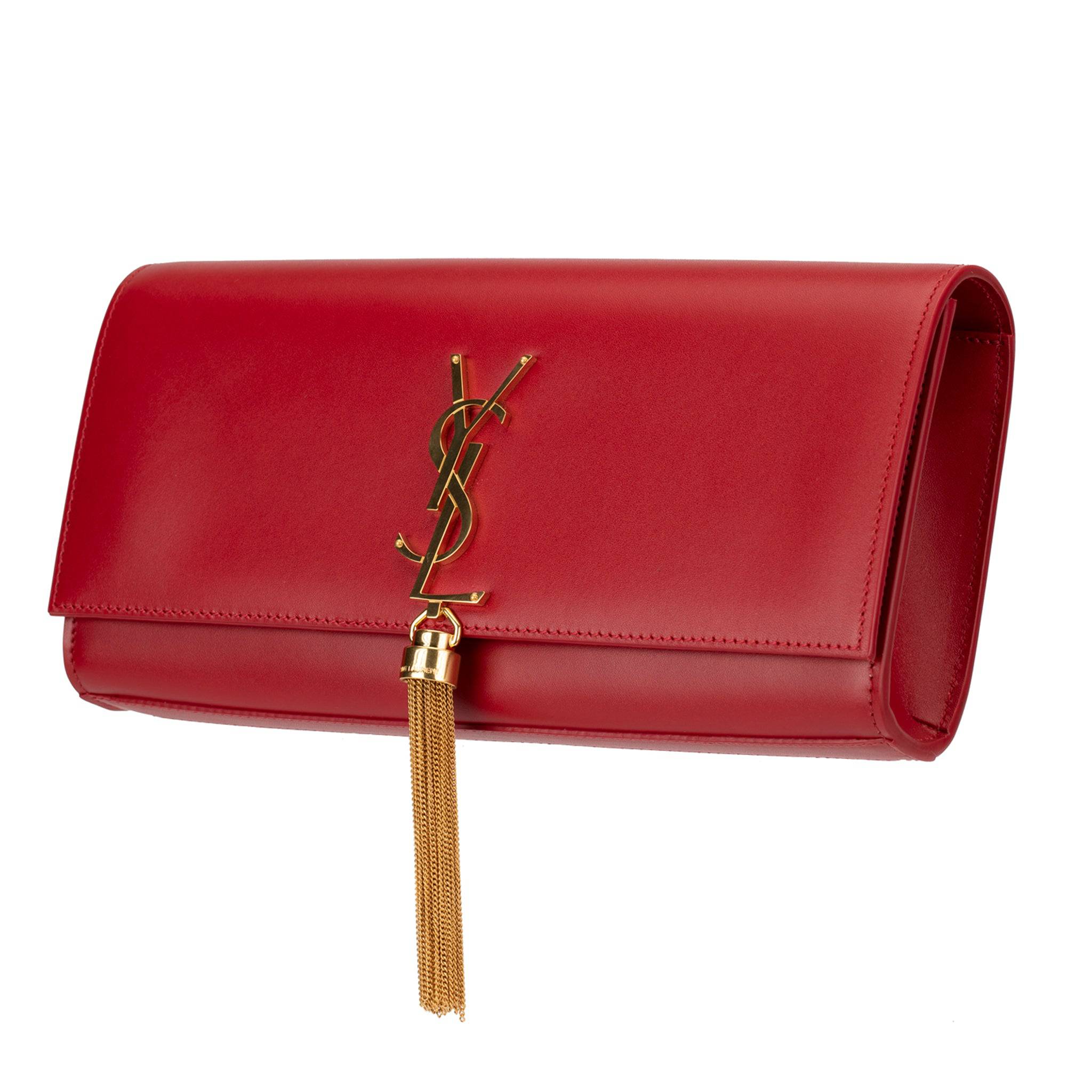 YVES SAINT LAURENT KATE CLUTCH ROUGE SMOOTH LEATHER GOLD HARDWARE - On Repeat