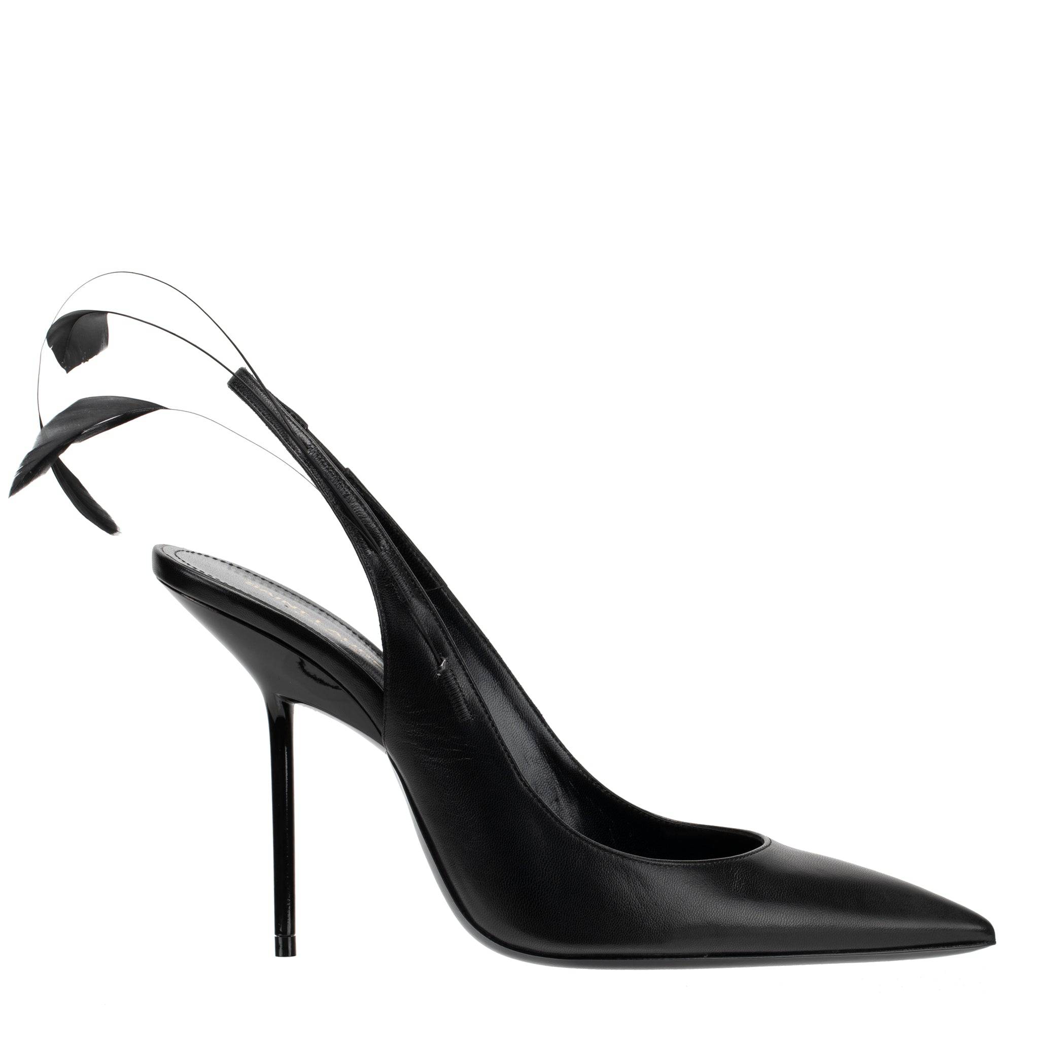 YVES SAINT LAURENT SLINGBACK PUMPS BLACK LEATHER WITH FEATHER DETAIL - On Repeat