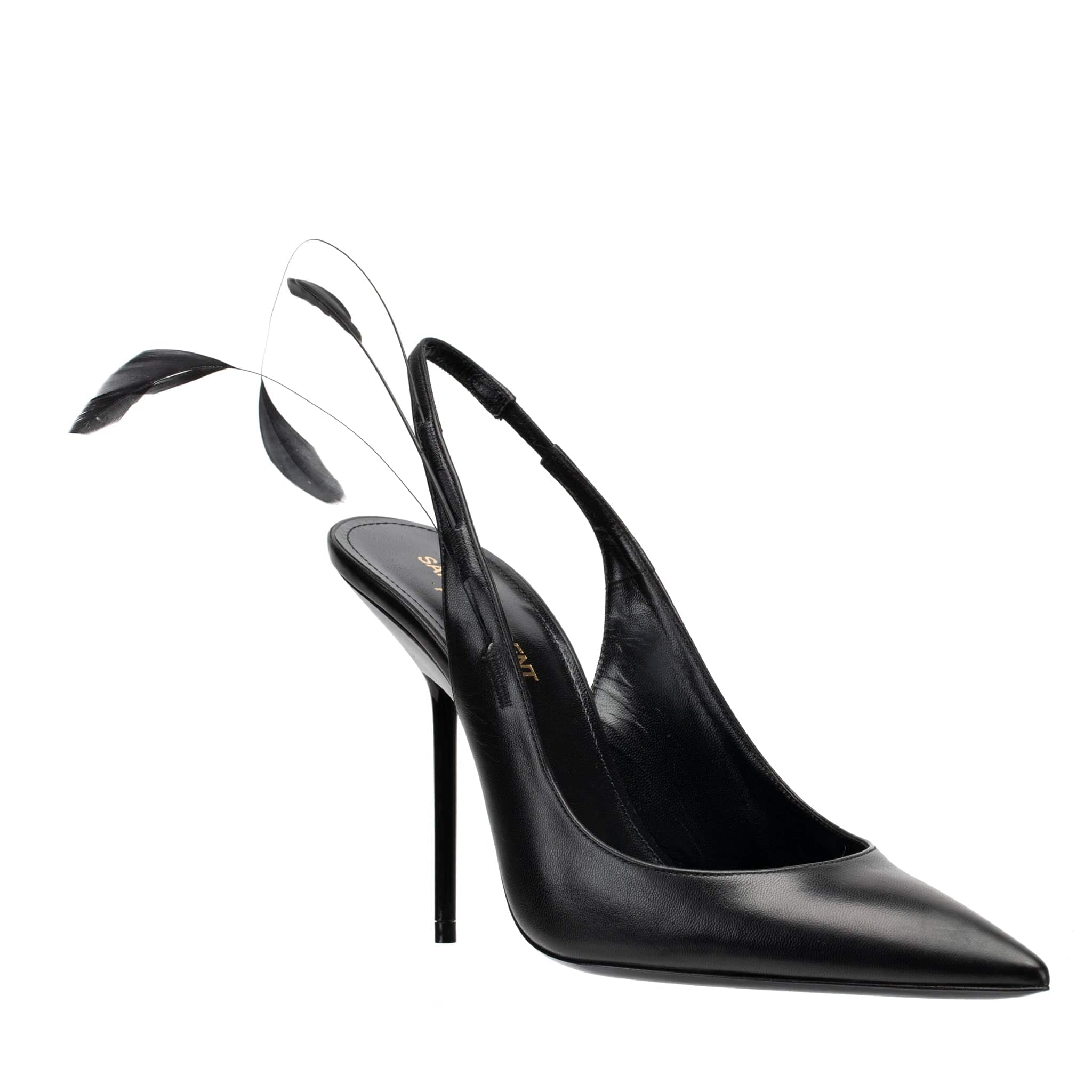 YVES SAINT LAURENT SLINGBACK PUMPS BLACK LEATHER WITH FEATHER DETAIL - On Repeat