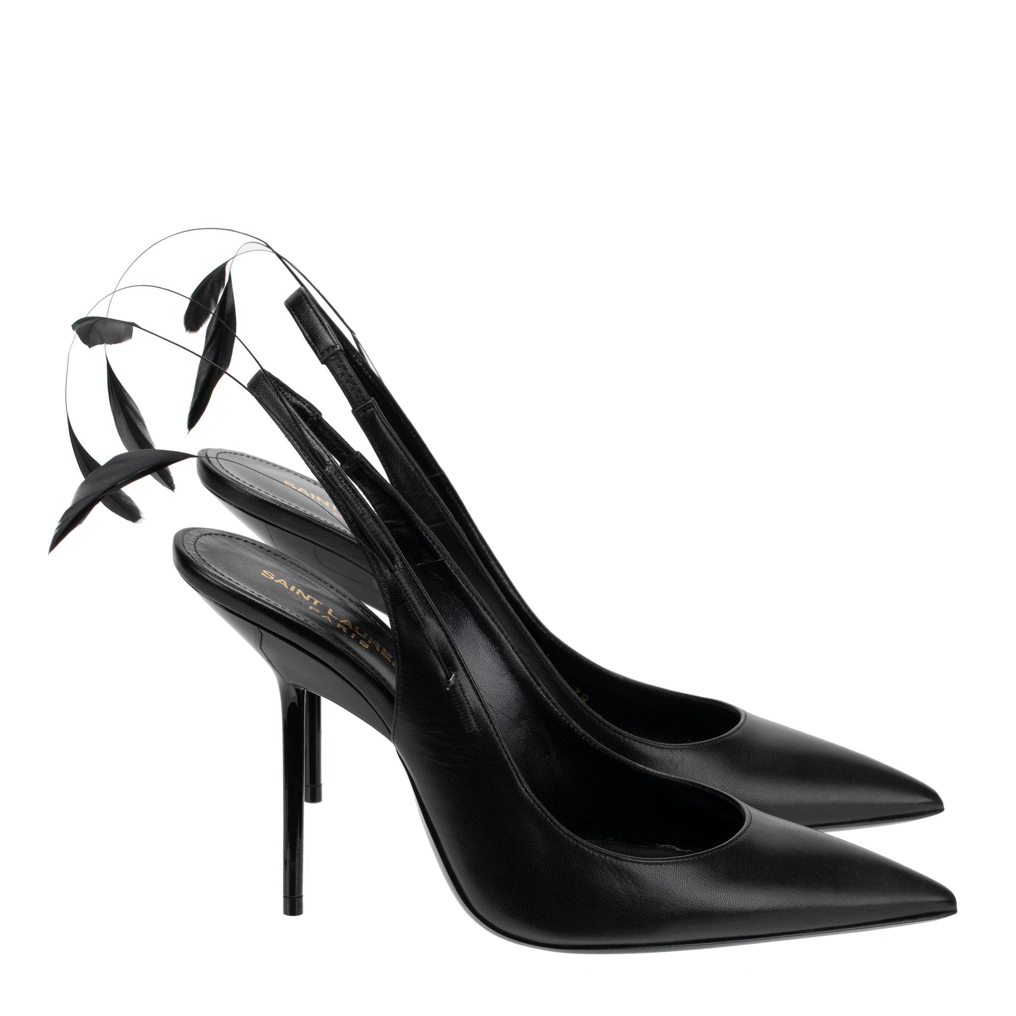 YVES SAINT LAURENT SLINGBACK PUMPS BLACK LEATHER WITH FEATHER DETAIL - On Repeat