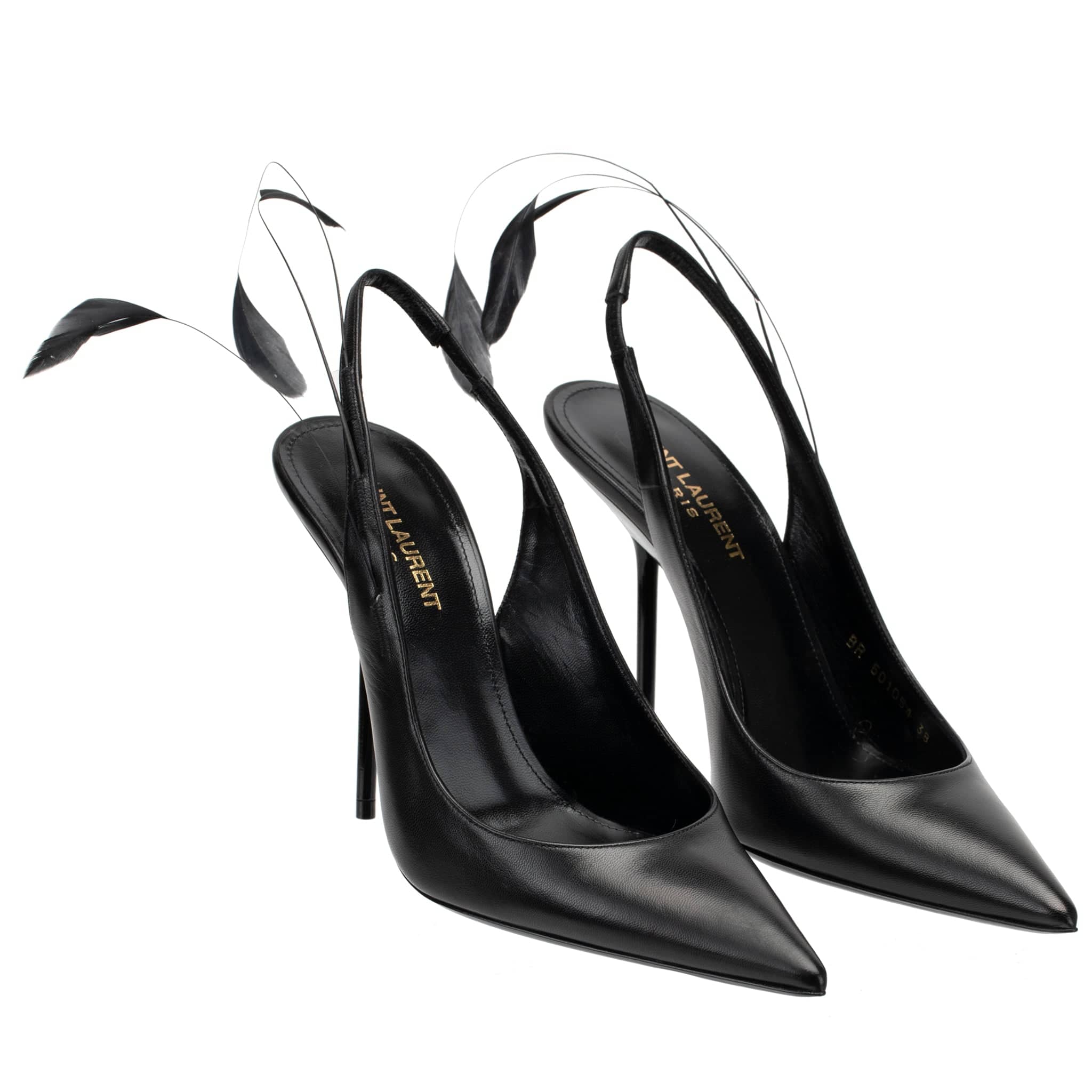 YVES SAINT LAURENT SLINGBACK PUMPS BLACK LEATHER WITH FEATHER DETAIL - On Repeat