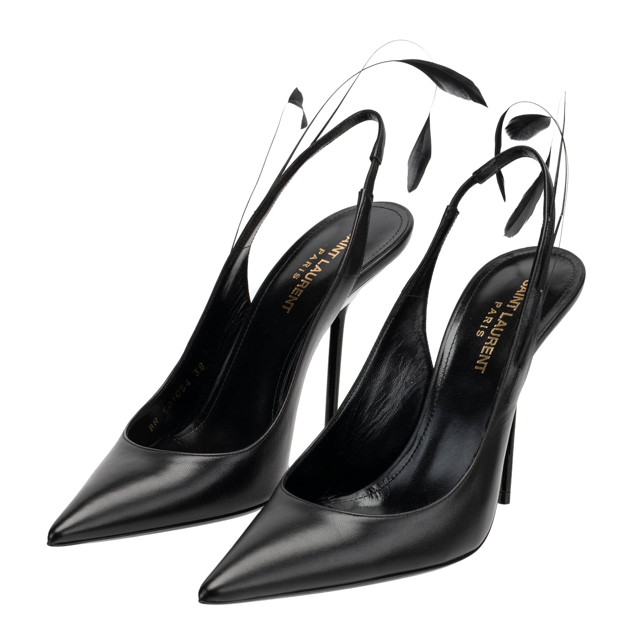 YVES SAINT LAURENT SLINGBACK PUMPS BLACK LEATHER WITH FEATHER DETAIL - On Repeat